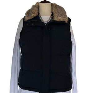 LL Bean Women Black Goose Down Puffer Vest Faux Fur Hood L Warm Quilted Zip Up